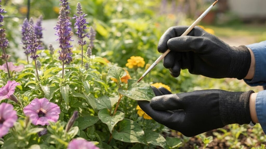花壇の草花の間で、日本人女性がドクダミの葉に筆を使ってピンポイントで除草剤を塗布している精密な作業。