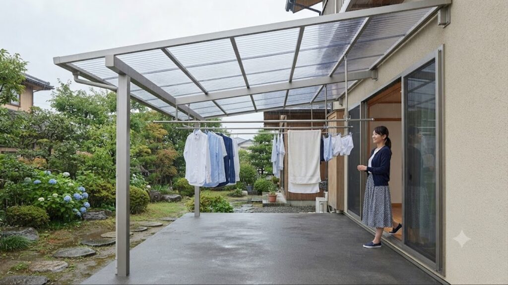 庭のテラスに設置された、洗濯物を雨から守る透明なポリカーボネート製屋根の軒下。