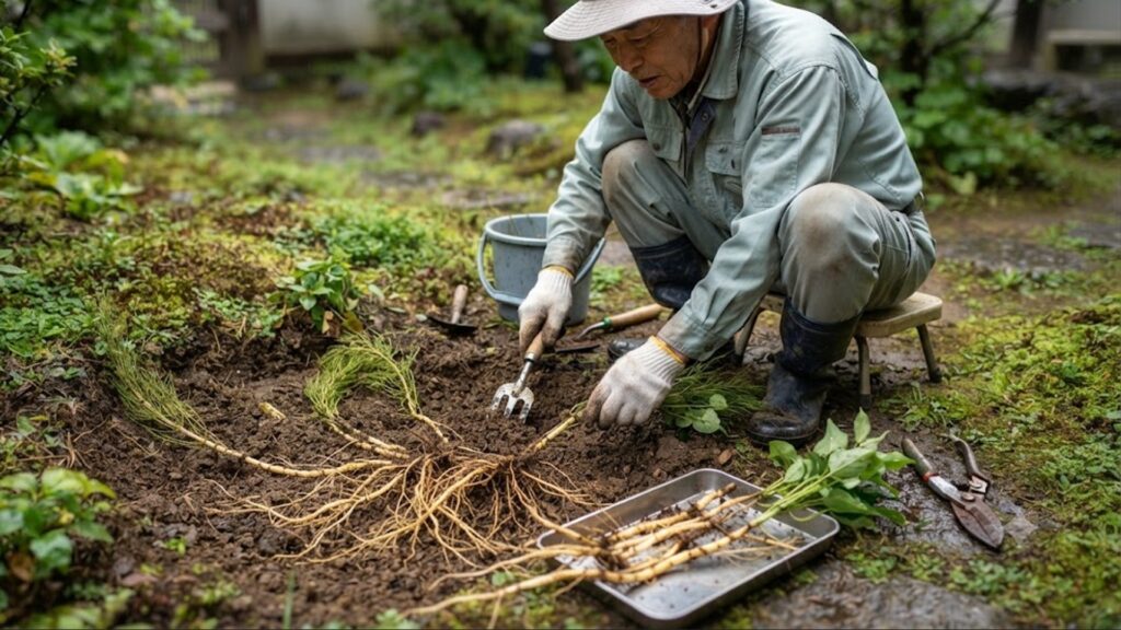 雨上がりで柔らかくなった土から、日本人の園芸家がシャベルを使ってスギナやドクダミの深く絡み合った地下茎を根こそぎ掘り出そうとしている作業風景。