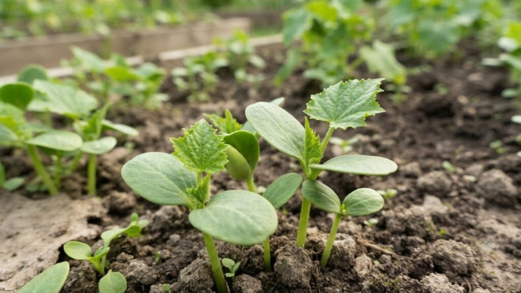 庭の土壌で発芽したばかりの植物の幼苗。丸い子葉(双葉)と、その間から展開し始めた特徴的な本葉を持つ若い苗が並んでおり、成長段階による形状の違いを比較観察できる様子。