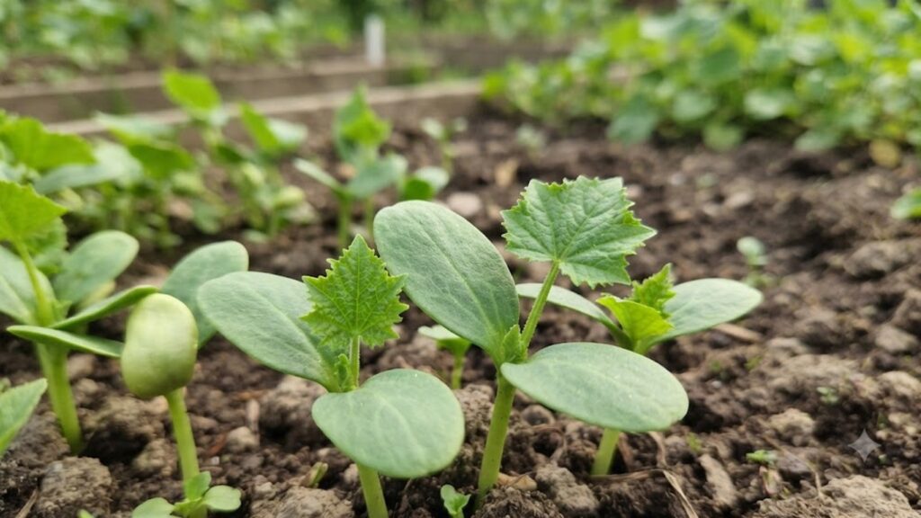 庭の土壌で発芽したばかりの植物の幼苗。丸い子葉(双葉)と、その間から展開し始めた特徴的な本葉を持つ若い苗が並んでおり、成長段階による形状の違いを比較観察できる様子。