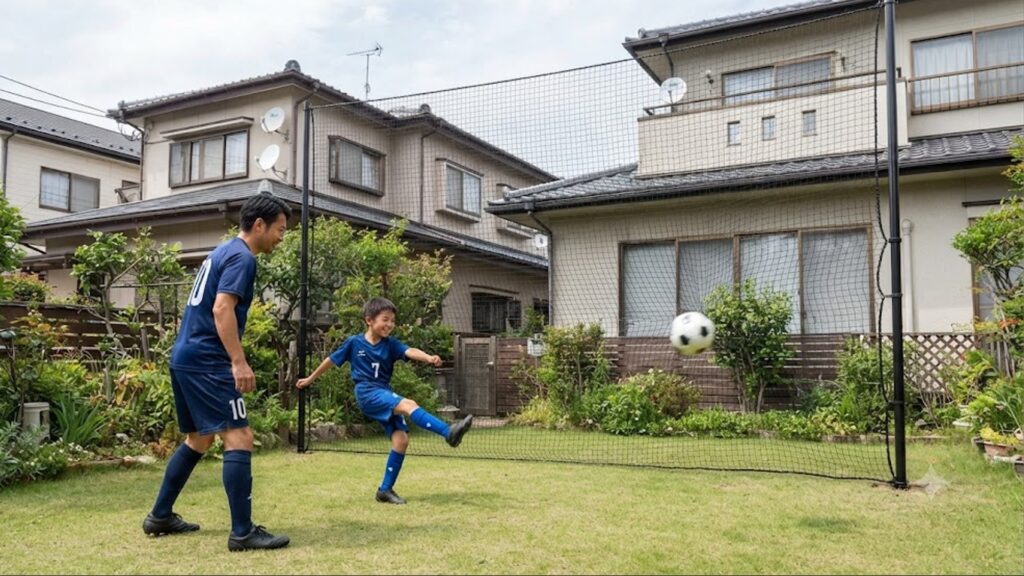 自宅の庭で静音リバウンダーを使ってパスとトラップの練習に励む日本の少年。