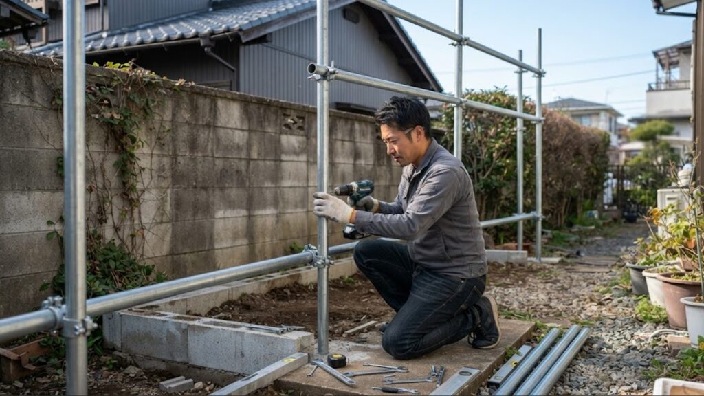 日本の住宅の外壁に沿った庭の隅で、DIYによって頑丈な防球ネットの骨組みが組み立てられている最中を捉えた横長の画像。