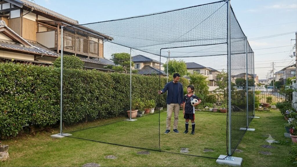 日本の住宅街にある、隣家との境界に背の高い大型防球ネットシステムが設置された庭を捉えた横長の画像。