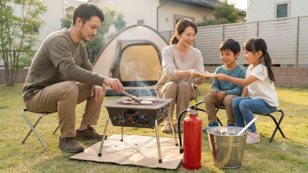 庭で安全に炭火バーベキューを楽しむ家族。足元には防火用の水バケツを常備し、煙の少ない燃料を使用している。