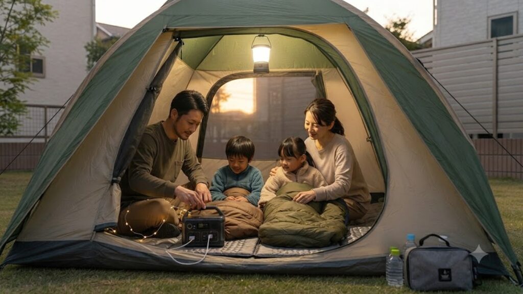 災害時を想定し、自宅の庭に張ったテントで過ごす日本人家族。寝袋に入り、ポータブル電源とLEDランタンを活用している。