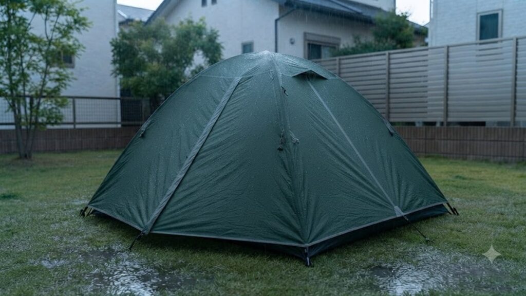 突然の雨に見まいだ庭に立つ、フルクローズ仕様の頑丈な防災用ドームテント。高い耐水性と安定感を示唆している。