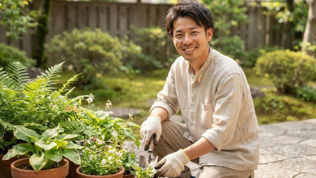 爽やかな笑顔で庭の植物を手入れする男性