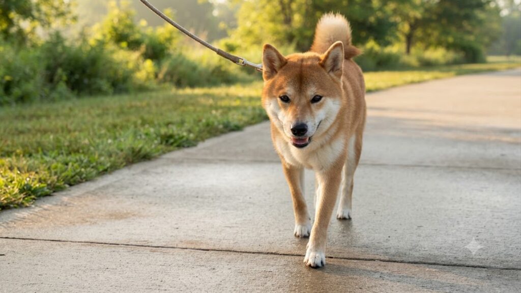 危険な日中の散歩を避け、早朝のまだ熱くない公園で、飼い主に見守られながら楽しそうに歩く健康な柴犬