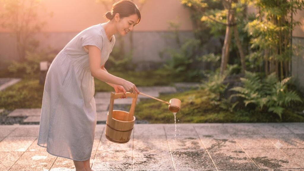 夕暮れ時の涼しく穏やかな光景、庭のコンクリートに静かに打ち水をするアジア人女性の横顔と足元