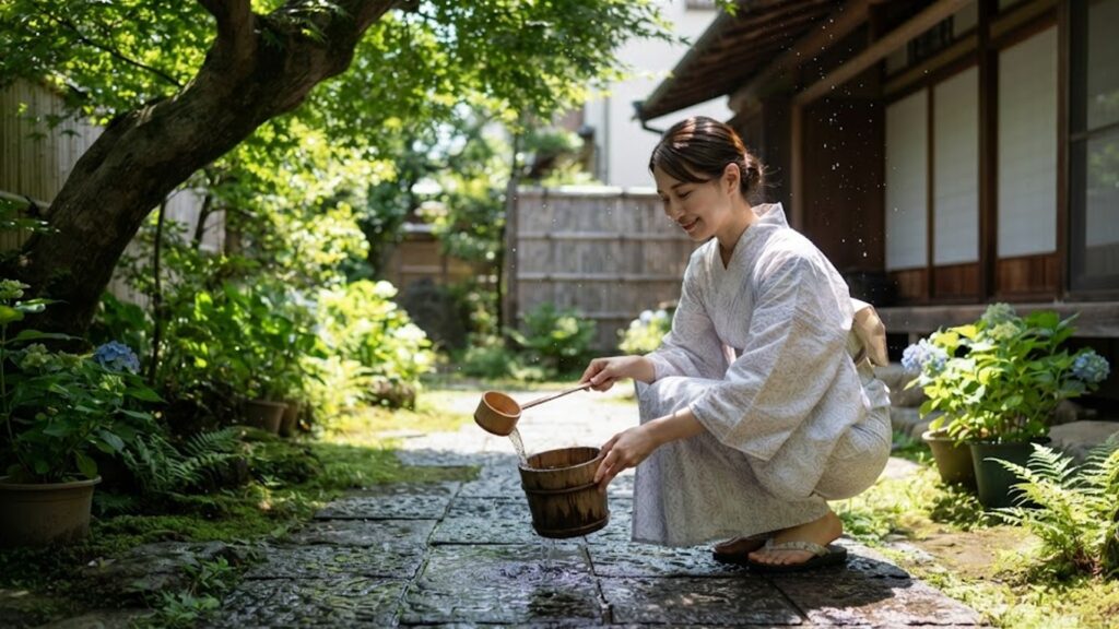 直射日光を避けて日陰に打ち水をする