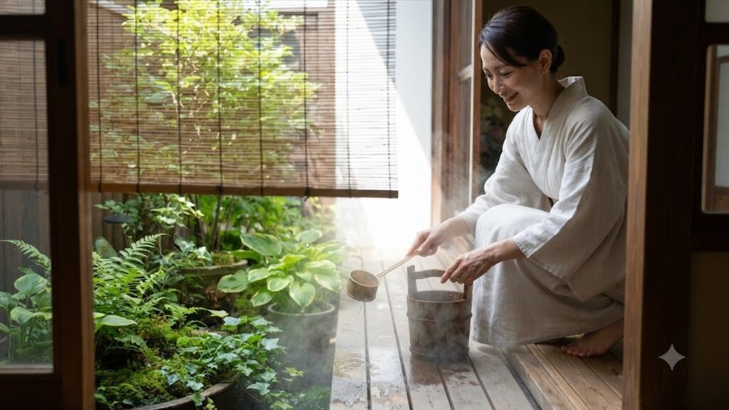 すだれや植物の蒸散作用を併用する