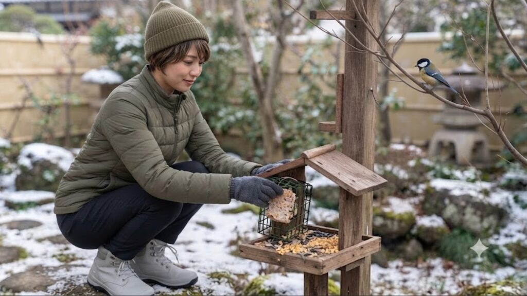 日本の冬の庭で、自作のバードケーキを大型鳥から守る金網フィーダーに入れて設置する男性。シジュウカラがその様子を見守っている。