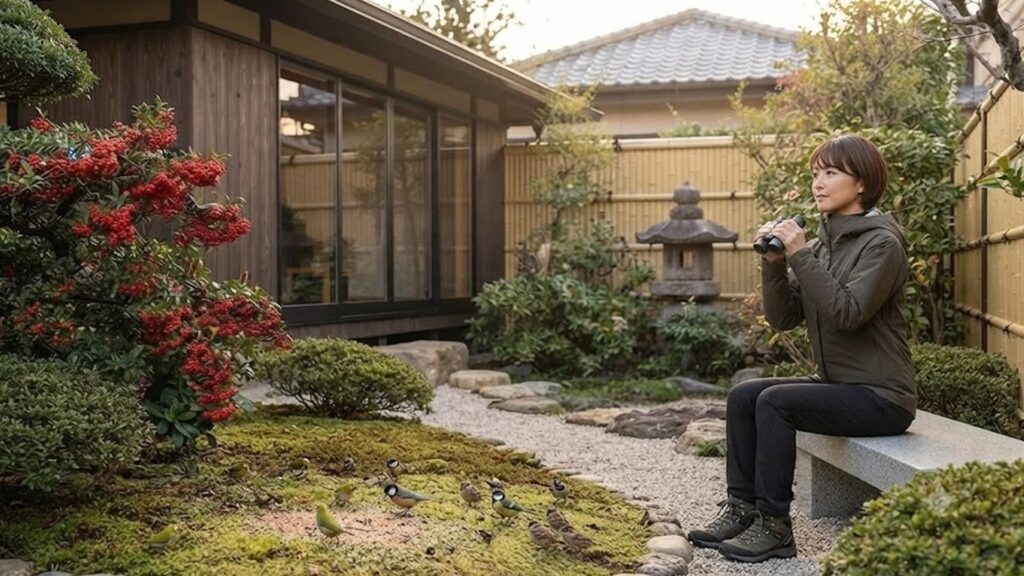 野鳥が自然の樹木(ピラカンサ、ウメモドキなど)の実や種子を食べる、持続可能な日本のビオトープ庭園。多様な小鳥が自然体で集まる様子。