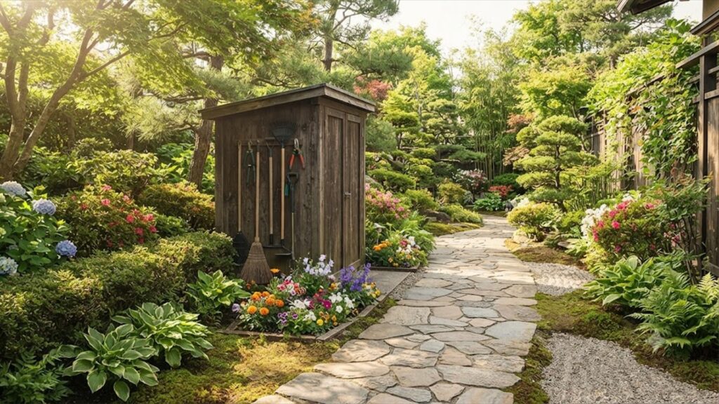 手入れが行き届き、緑豊かな植物と石畳の小道が美しい日本の庭園の様子。