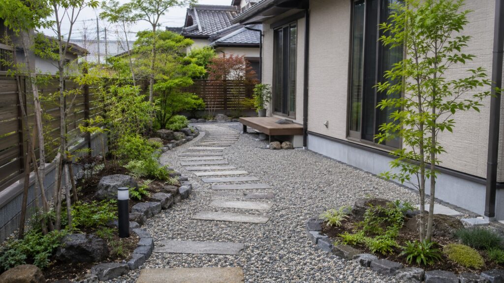庭砂利と飛び石や植栽を組み合わせた手入れしやすい日本住宅の庭