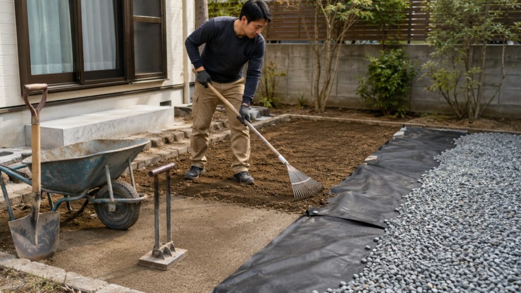 庭砂利DIYで地面を整地し防草シートと砂利を施工する日本人男性