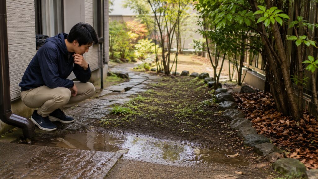 庭砂利を敷く前に雨上がりの水たまりと排水状態を確認する日本人男性