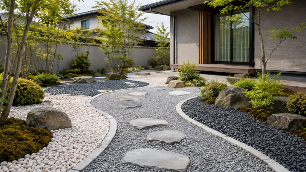 庭砂利を使って整えた日本住宅の庭と飛び石のある落ち着いた外構風景