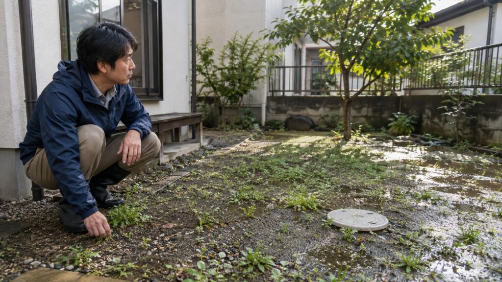 雨上がりの庭で水たまりや雑草の状態を確認する男性