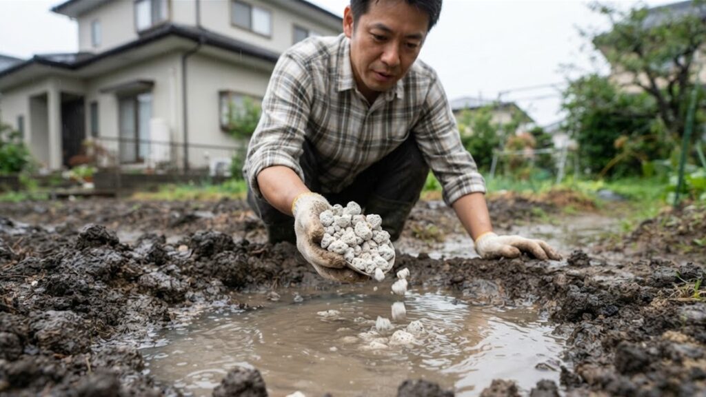 庭のぬかるみと水たまりに軽石を投入する日本人男性
