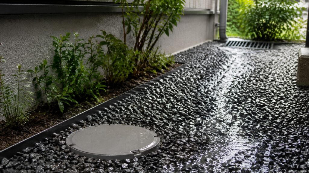 雨上がりの砂利敷き庭で排水と点検口を確認する様子
