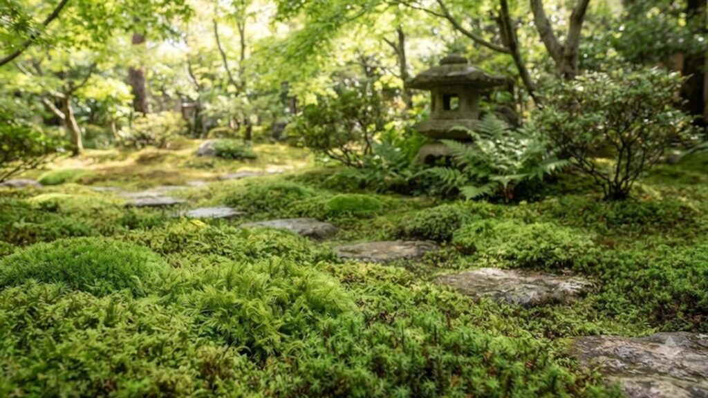 美しく手入れされた日本庭園で、数種類の苔が青々と一面に広がる様子。飛び石や灯籠が配置され、専門家が監修した理想的な苔庭の景観。