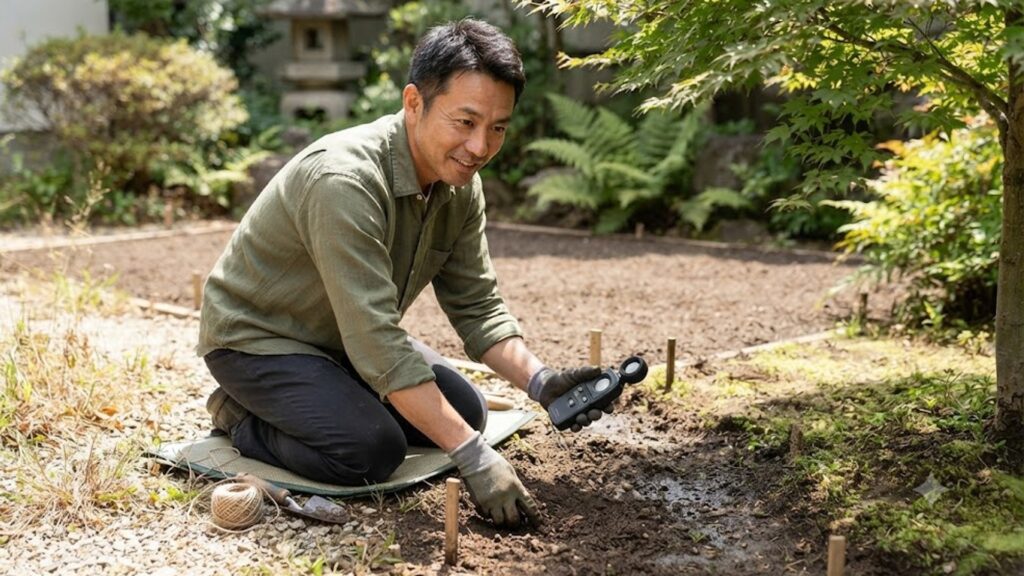 お庭マエストロの「なおと」氏が、自宅の庭で照度計を使い日照時間を測定し、土壌を確認するなど熱心に環境診断を行っている様子。プロによる信頼できる解説をイメージ。