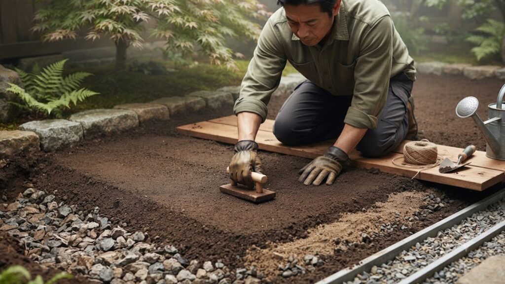 苔庭づくりに必要な土づくりと排水対策をする男性