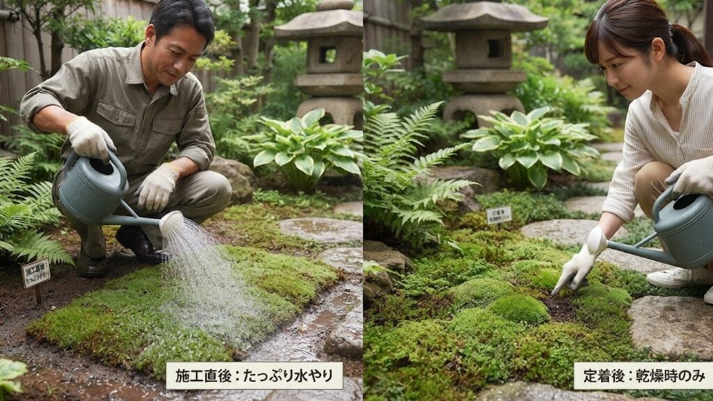 施工直後と定着後の正しい水やり方を実践している男女の写真。