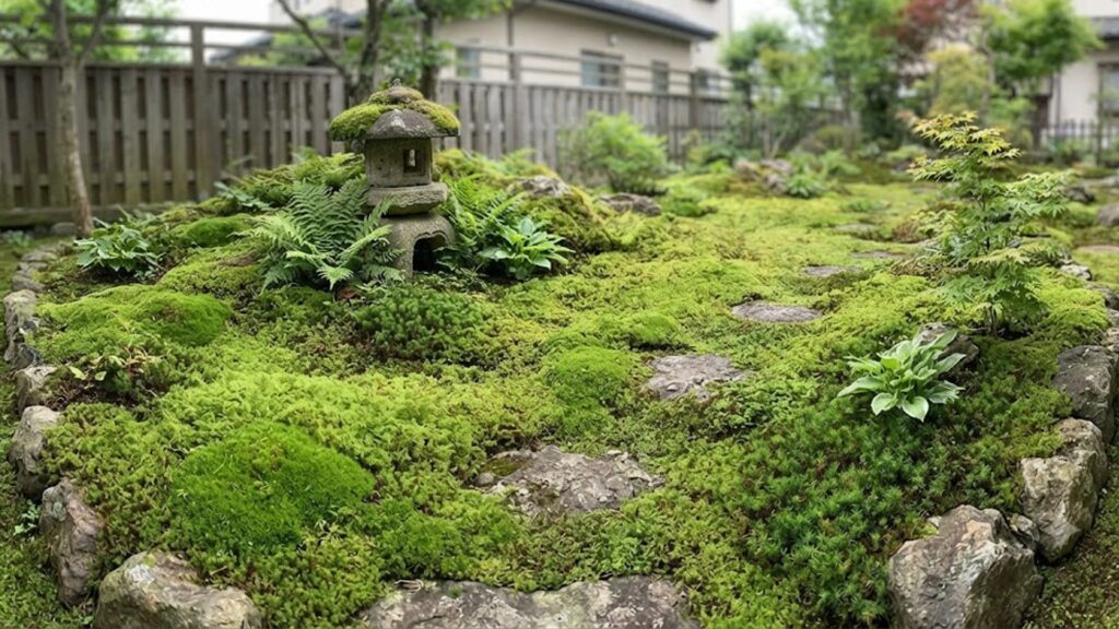 苔が沢山生えている庭の様子。