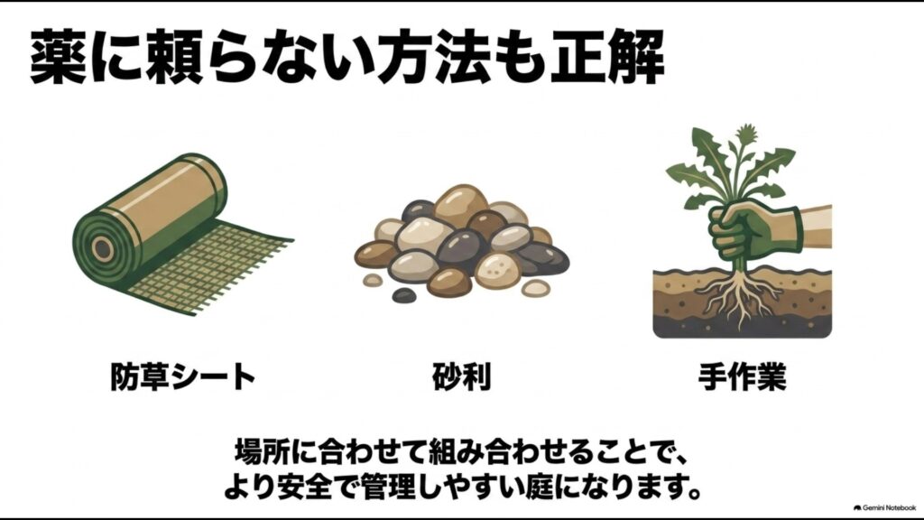 防草シート・砂利・手作業による除草など薬に頼らない雑草対策方法のイラスト