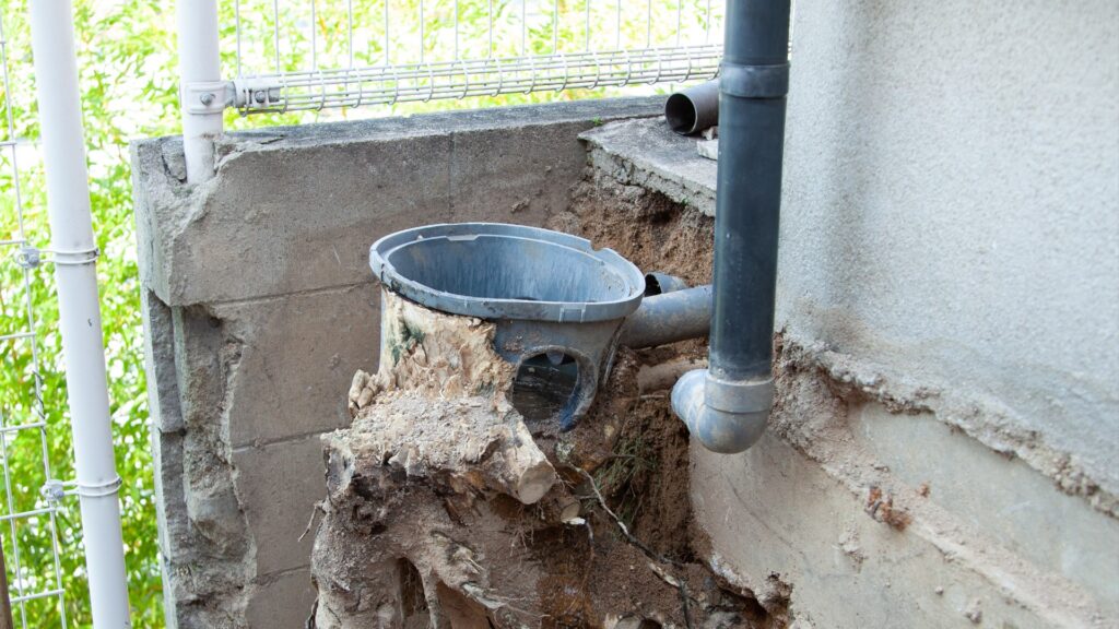 地中の雨水枡と排水管の接続部分が破損し、隙間から土砂が流出して空洞ができた様子。断面のアップ。