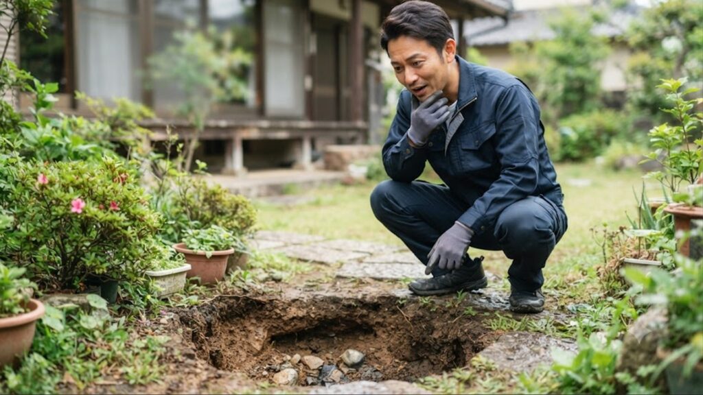 自宅の庭で予期せぬ地面の陥没を発見し、驚きと戸惑いの表情でしゃがみ込む日本人男性