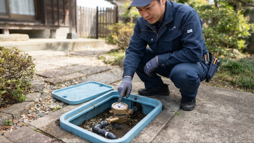 屋外の水道メーターボックス内で、水漏れを検知する回転式のパイロットを指差し確認する作業員。