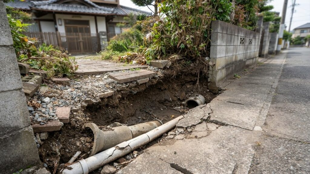 住宅の庭と公道の境界付近で地盤が沈下し、歩道下の排水設備が見えている様子。