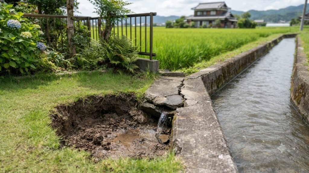 農業用水路に隣接する住宅の庭で発生した陥没。コンクリート護岸の隙間から水が漏れ、土砂が流出している。