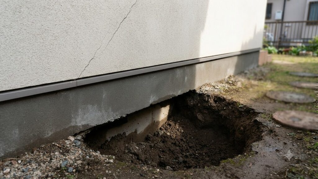住宅の建物基礎コンクリートのすぐ脇で、深く円形に陥没した地面。基礎下の土砂が露出している。