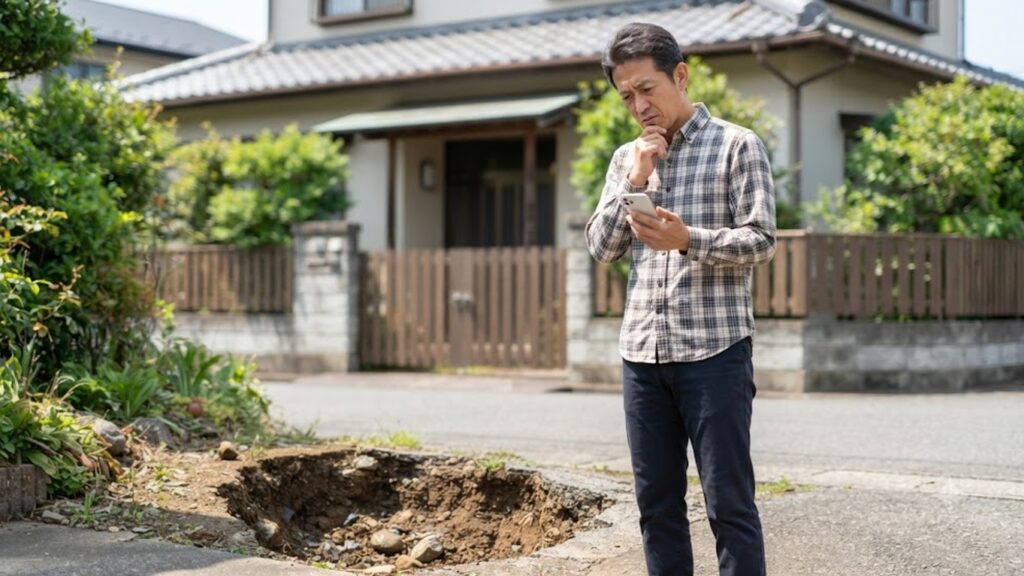自宅の庭で発生した陥没を前に、スマートフォンを手に持ちながら、どこへ連絡すべきか思案に暮れる日本人男性。困惑と決断の表情。
