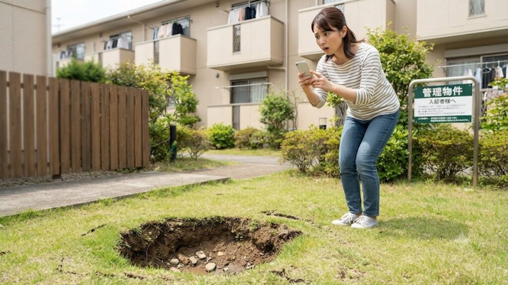 賃貸アパートの庭で陥没を発見し、驚いてスマートフォンで撮影する女性居住者。