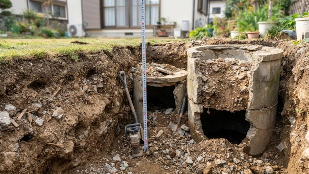 住宅の庭を掘削した断面図。転圧不足で緩んだ土層と、内部が空洞化したまま不適切に埋め戻された古いコンクリート製浄化槽が露出している様子。