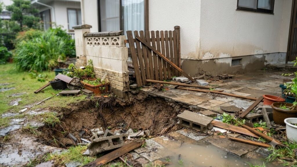 集中豪雨後の住宅の庭の様子。激しい雨水により地盤が深く削られ、泥が堆積し、コンクリート製の擁壁が崩壊している。水災による損害の例。