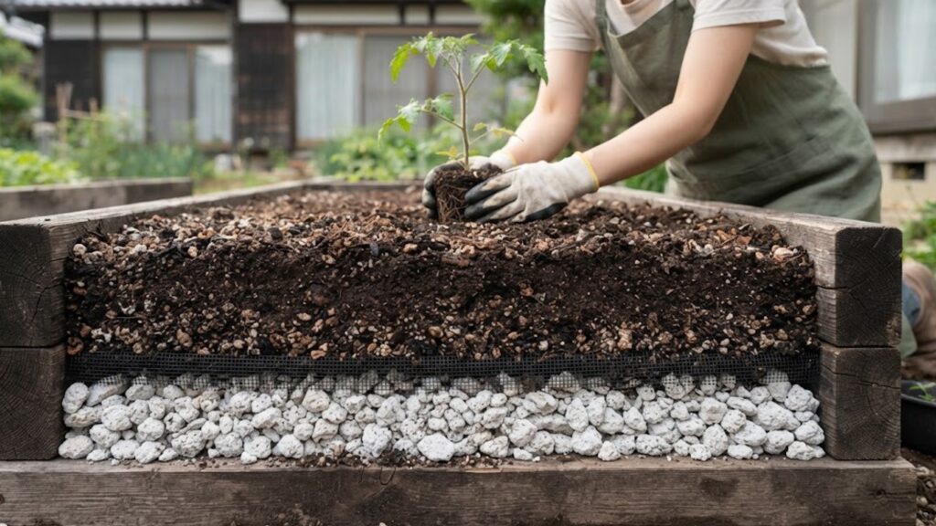 軽石で排水層を作ったレイズドベッド(立ち上げ花壇)の断面図と植え付け作業