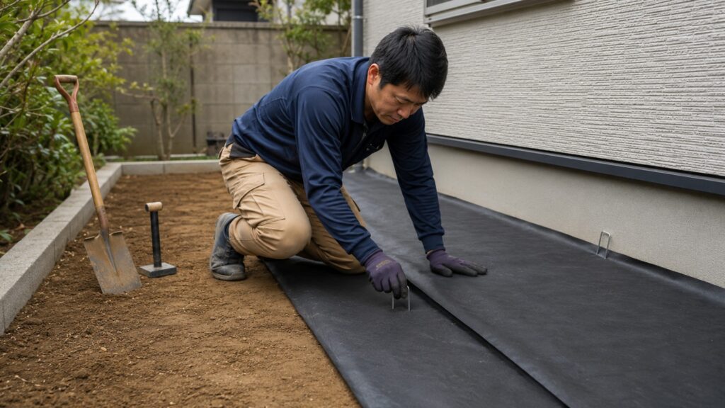 整地した庭に防草シートを重ねて固定するDIY施工