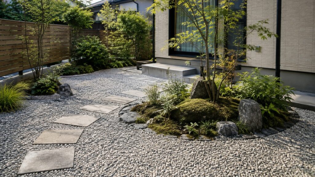防草シートの上に砂利を敷いた手入れしやすい住宅の庭