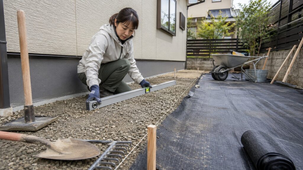 防草シート施工前に砕石の下地と排水勾配を水平器で確認する様子