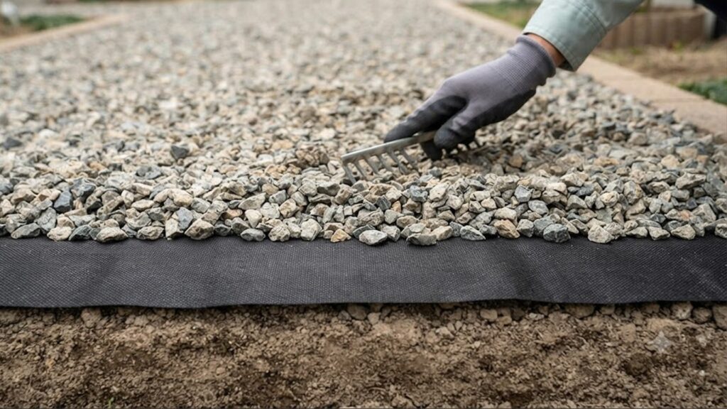 庭の防草シートと砂利敷きの施工断面図。土の上に高耐久防草シートが敷かれ、その上に化粧砂利が重ねられている様子が明確に分かる。
