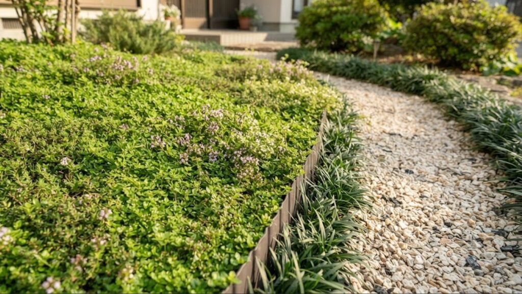 住宅の庭でグランドカバープランツ(緑の地被植物)が美しく茂っている様子。