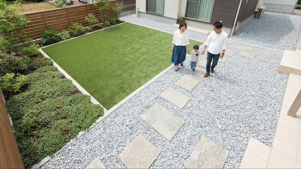 雑草対策を施した理想的な日本の庭の全体像。人工芝、砂利敷き、グランドカバーが美しくゾーニングされ、家族が快適に過ごしている様子。