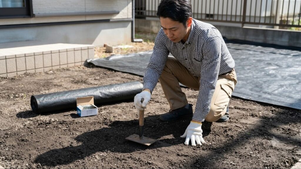 日本人の男性がDIYで庭の防草シートを敷く前に、地面を丁寧に整地・転圧している作業風景。ロール状の防草シートや固定ピンが近くに置かれており、適切な下地処理が成功の鍵であることを視覚的に示す。